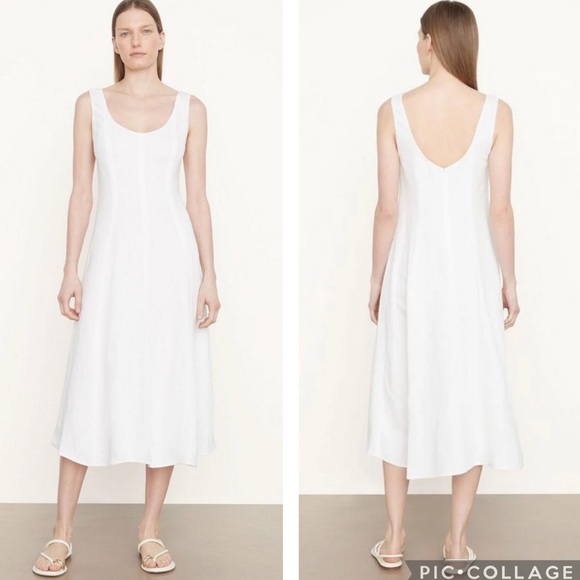 Vince Paneled Scoop‎ Neck Linen Blend Midi Dress White L